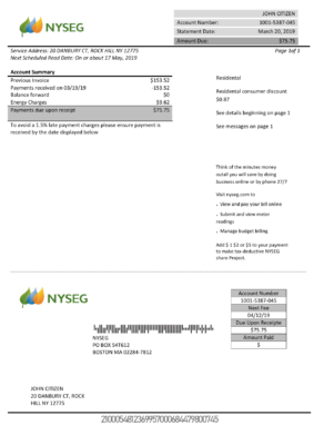 USA Massachusetts Boston NYSEG electricity utility bill template in Word and PDF format