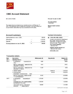 USA Editable Templates 12 USA CIBC bank statement, Word and PDF template, 4 pages