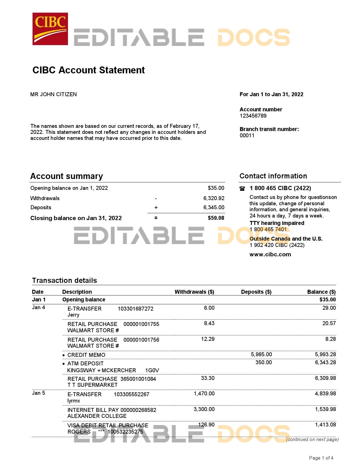 USA CIBC bank statement, Word and PDF template, 4 pages