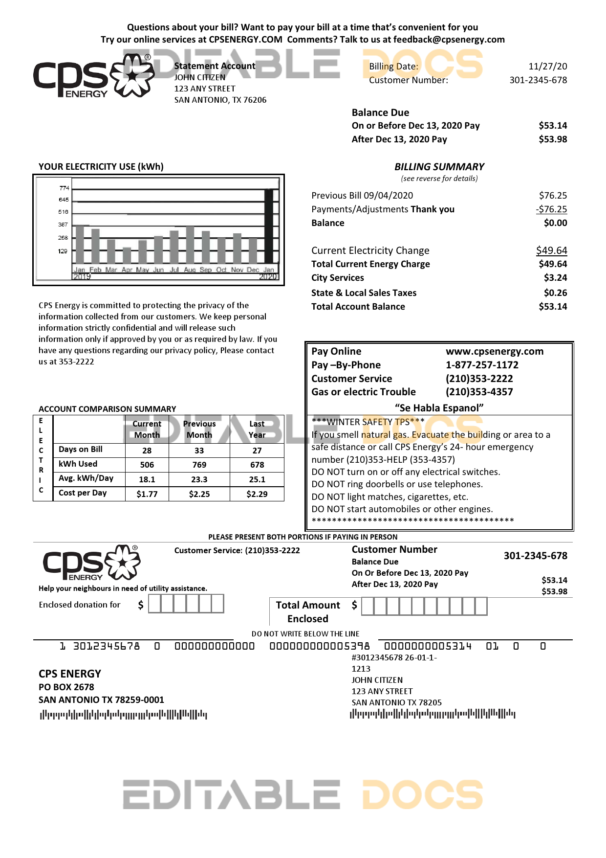 USA Texas CPS utility bill template in Word and PDF format