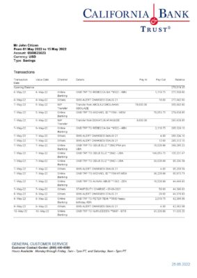 USA California Bank Trust bank statement, Word and PDF template
