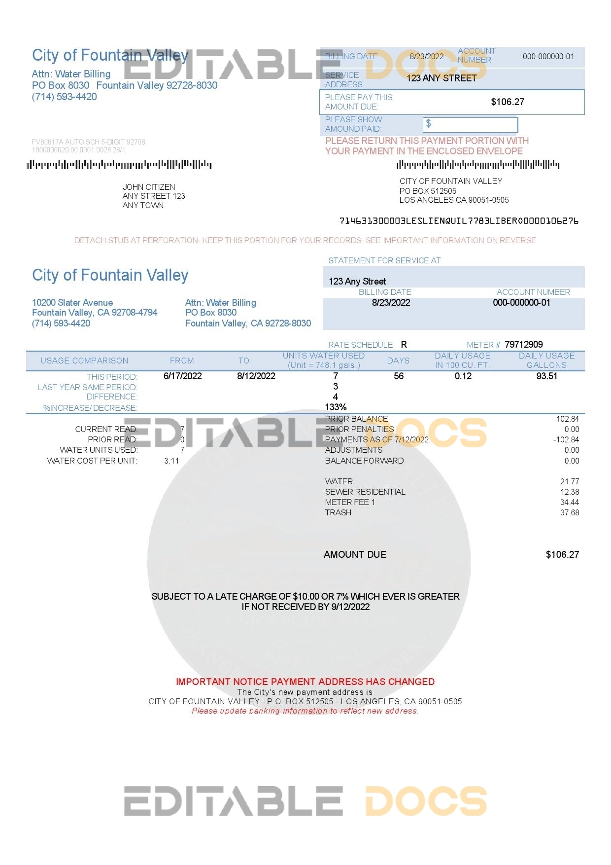 USA California City of Fountain Valley utility bill template in Word and PDF format