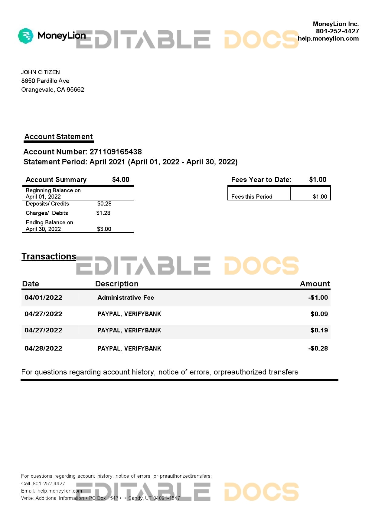 USA California MoneyLion bank statement, Word and PDF template