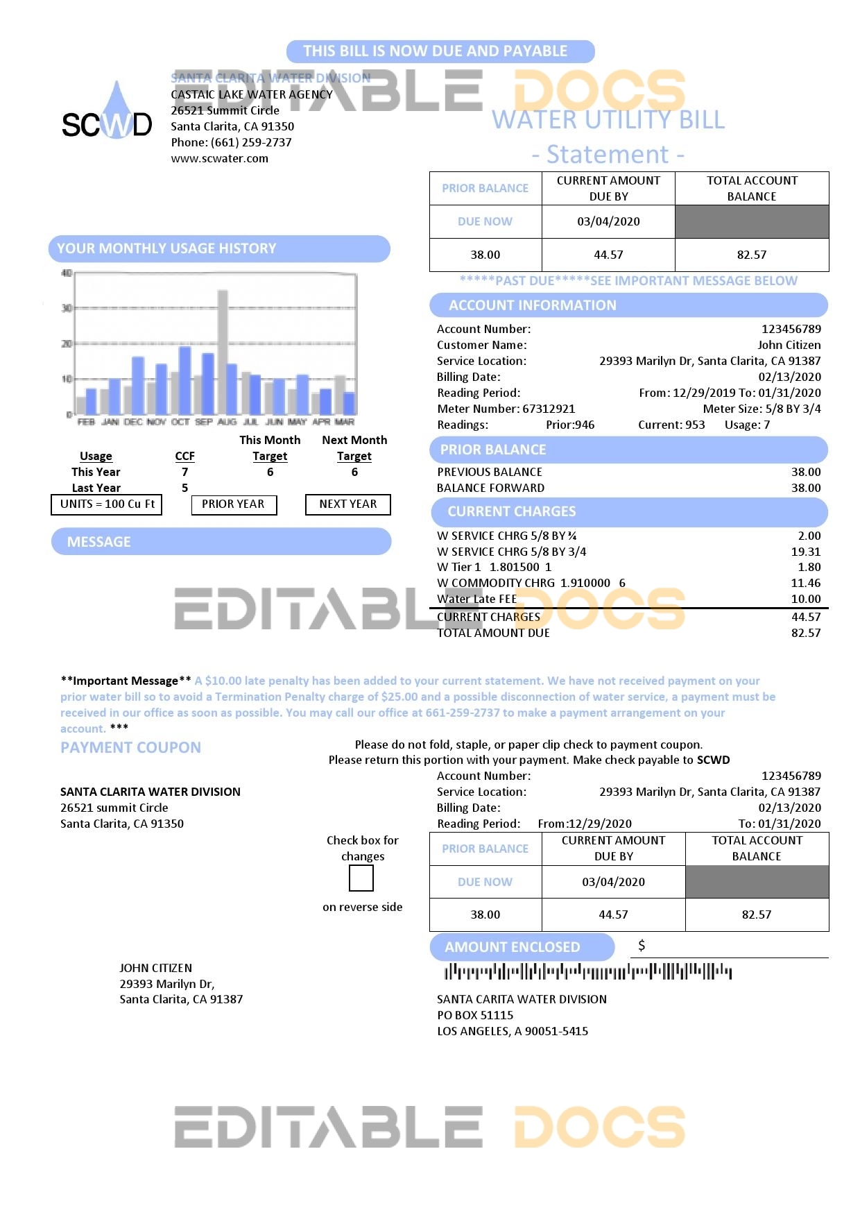 USA California Santa Clarita Water Division (SCWD) utility bill template in Word and PDF format