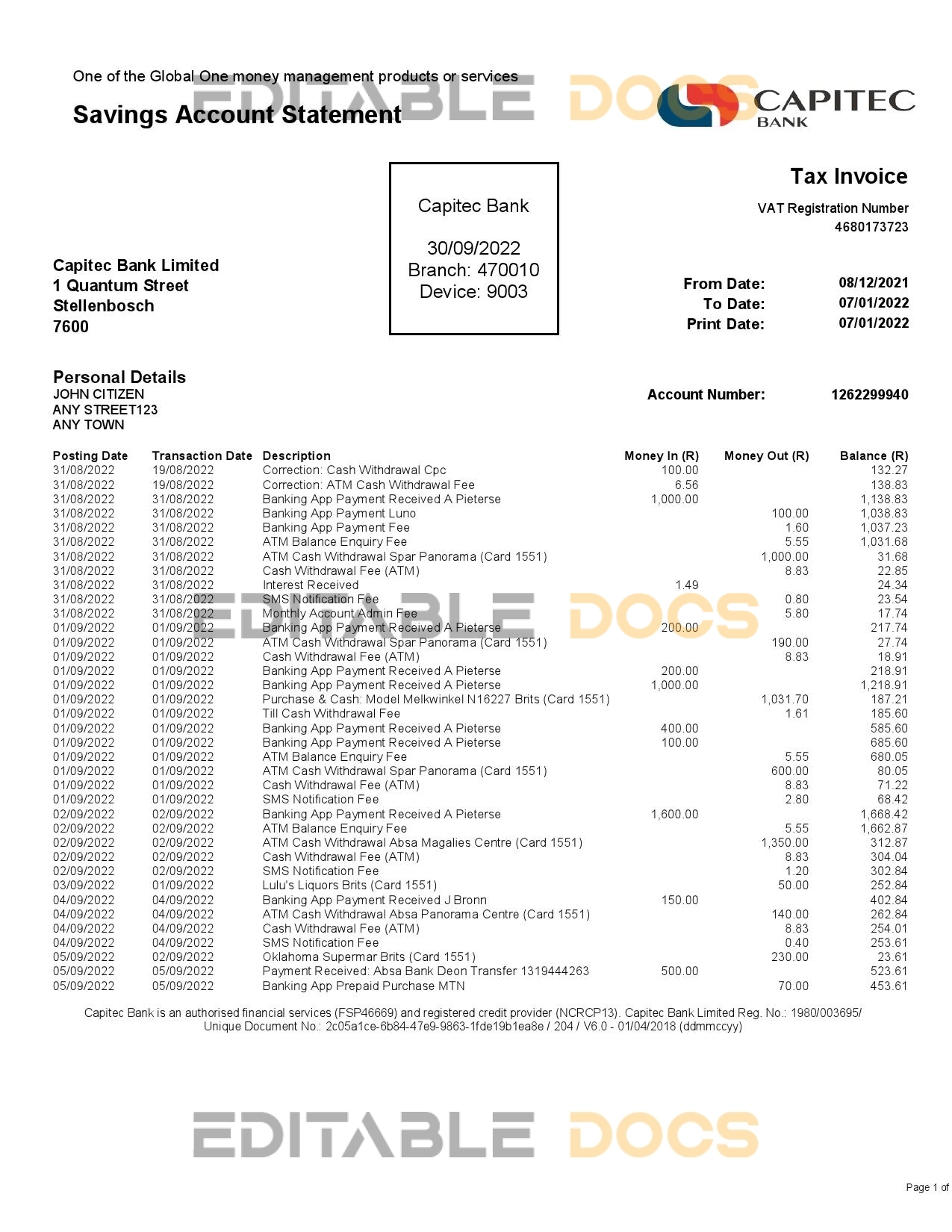 USA Capitec bank statement Word and PDF template