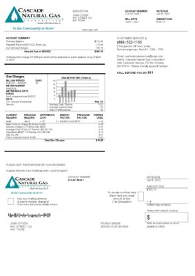 USA Cascade Natural Gas utility bill, Word and PDF template