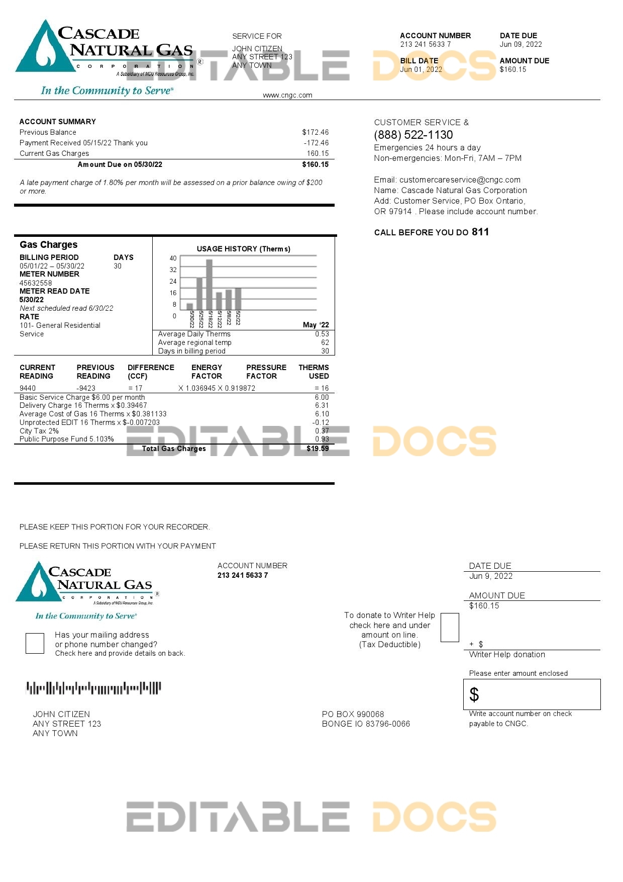 USA Cascade Natural Gas utility bill, Word and PDF template