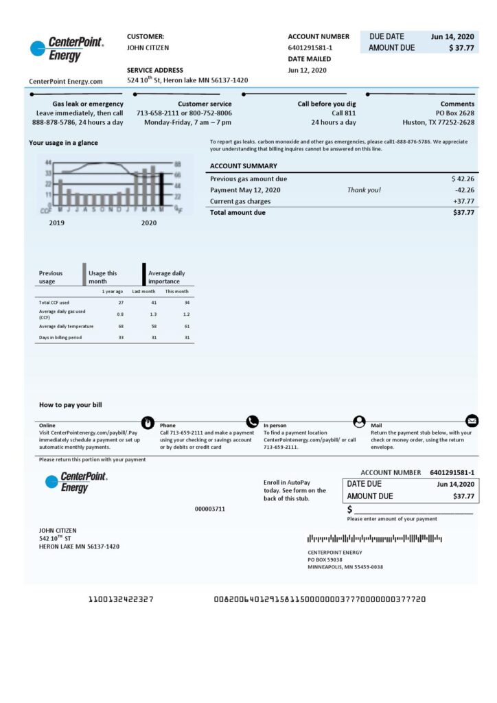 USA Texas Center Point Energy utility bill template in Word and PDF format