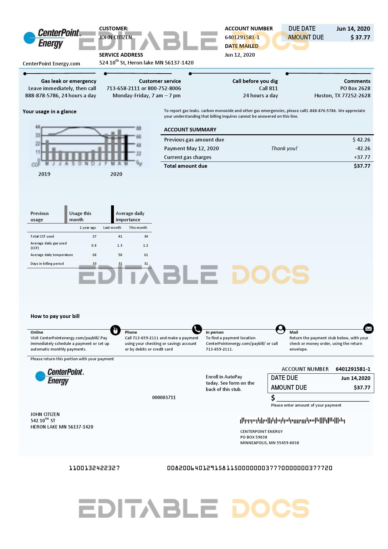 USA Texas Center Point Energy utility bill template in Word and PDF format