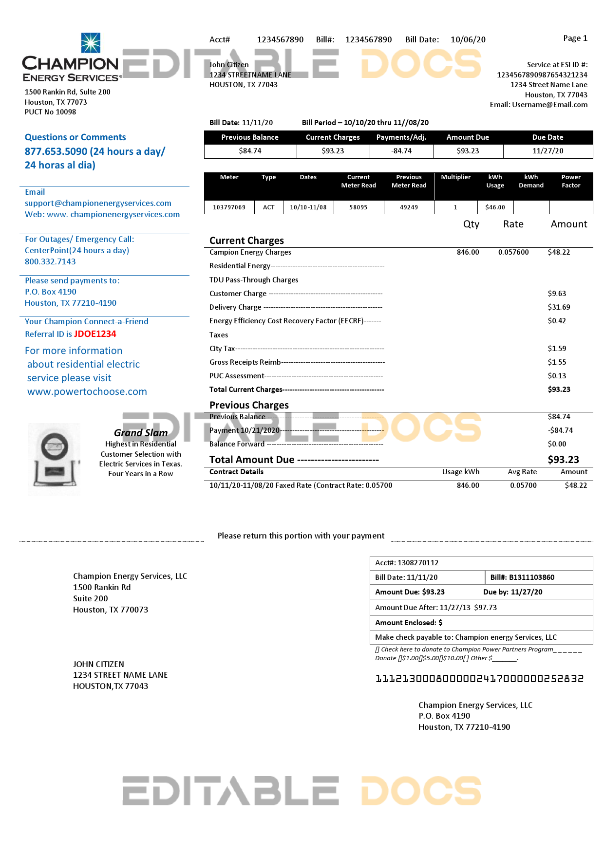 USA Texas Champion Energy Services proof of address utility bill template in Word and PDF format