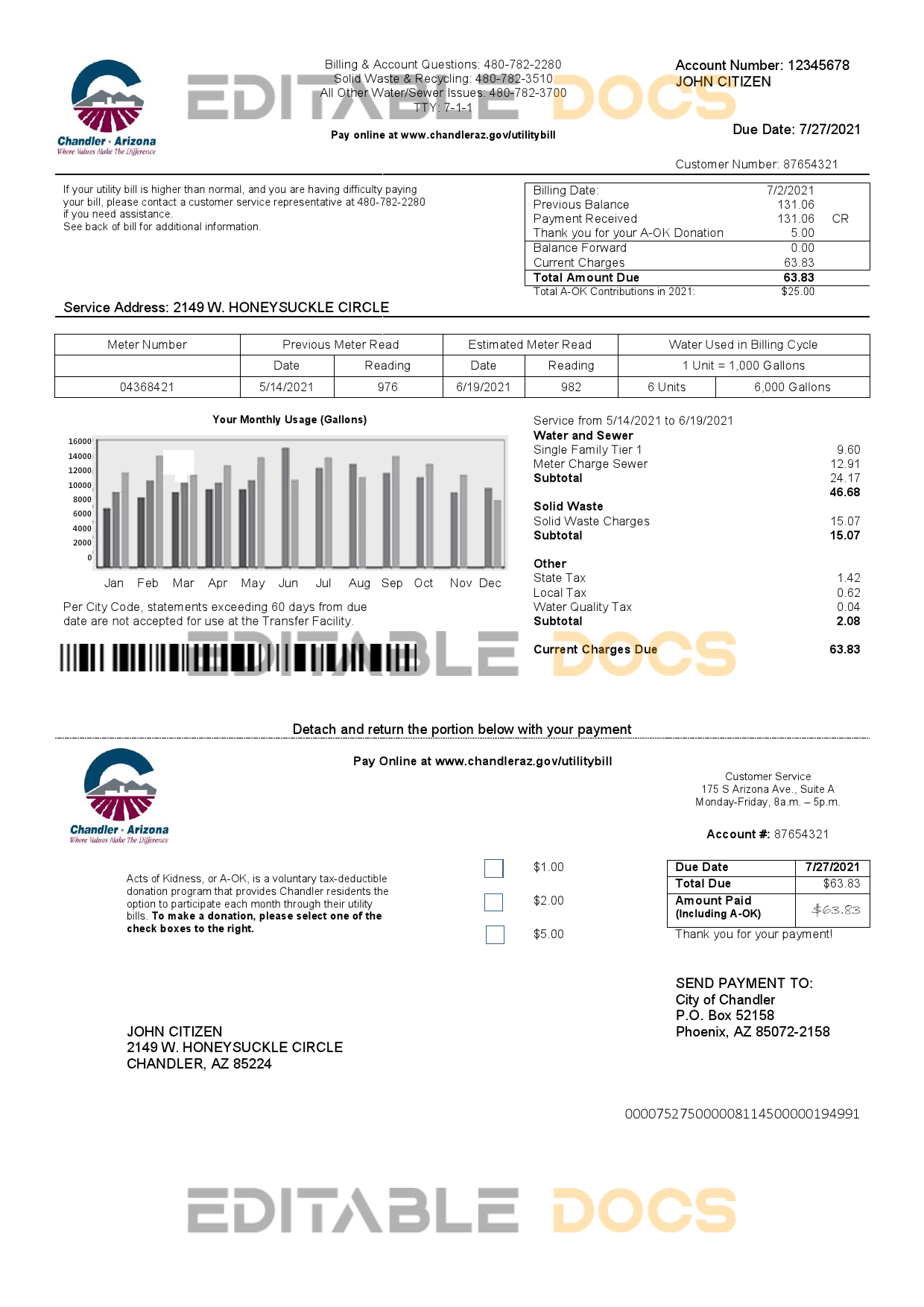 USA Arizona Chandler Utilities bill template in Word and PDF format