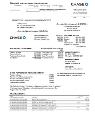 USA Chase bank Mastercard card statement easy to fill template in Word and PDF format