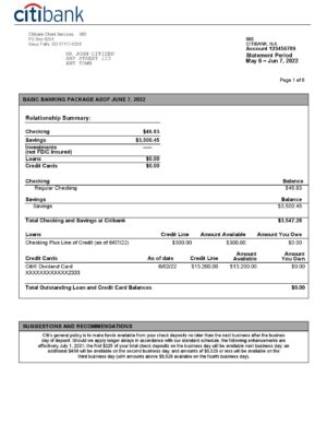 USA Citibank bank statement, Word and PDF template, 6 pages