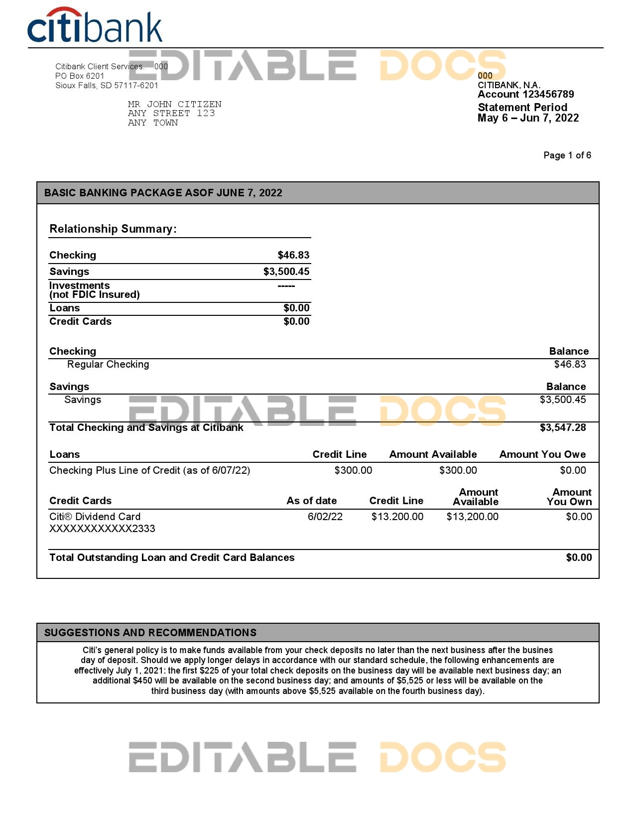 USA Citibank bank statement, Word and PDF template, 6 pages