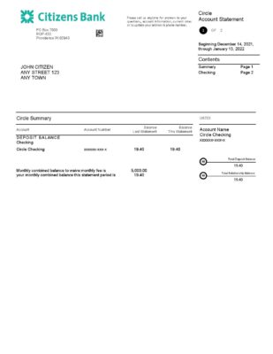 USA Citizens bank statement, Word and PDF template, 4 pages