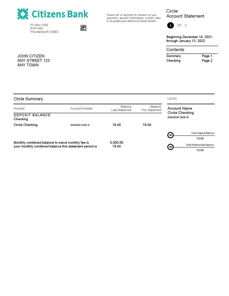 USA Citizens bank statement, Word and PDF template, 4 pages