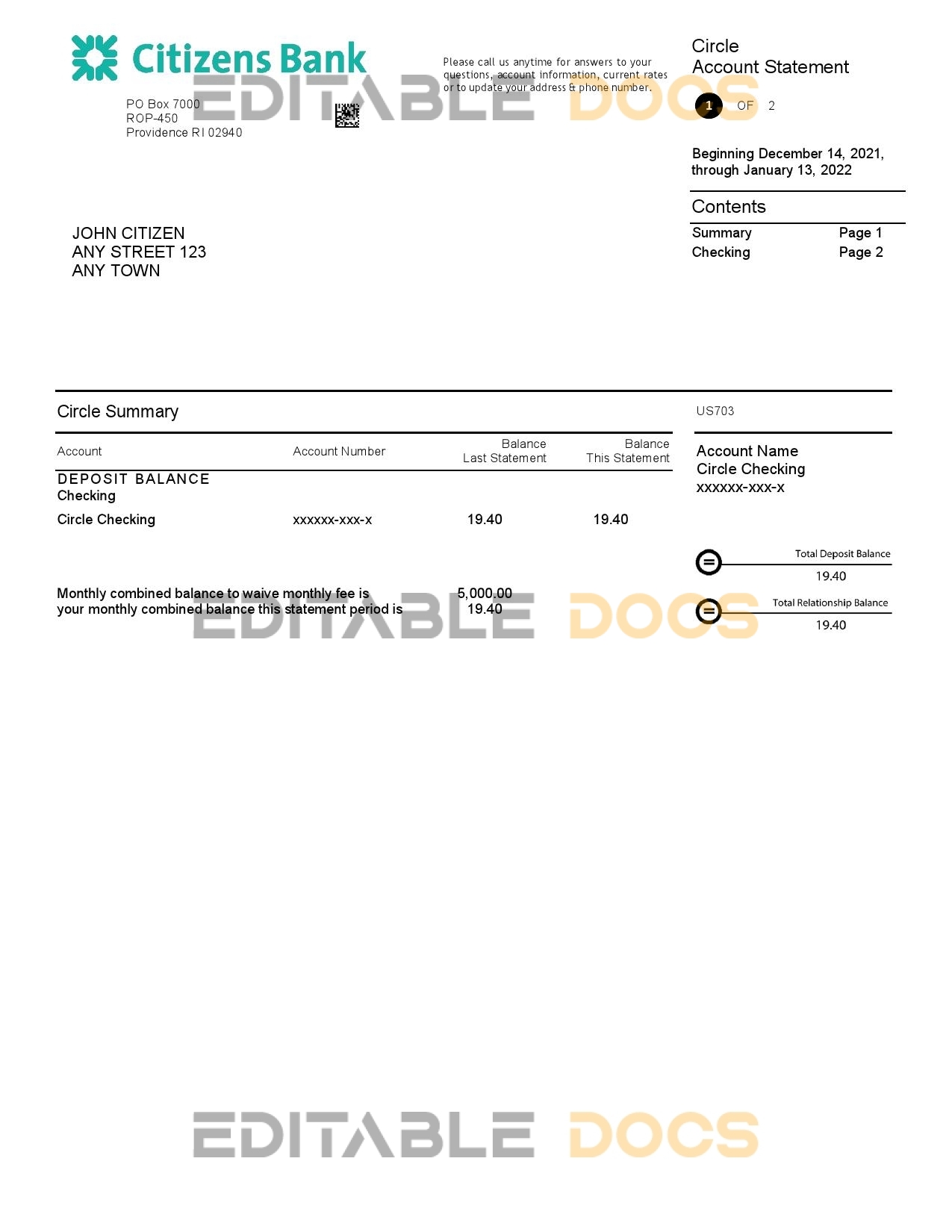 USA Citizens bank statement, Word and PDF template, 4 pages