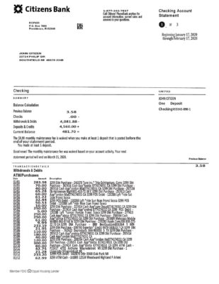 USA Citizens bank statement template in Word and PDF format, (4 pages) good for address prove