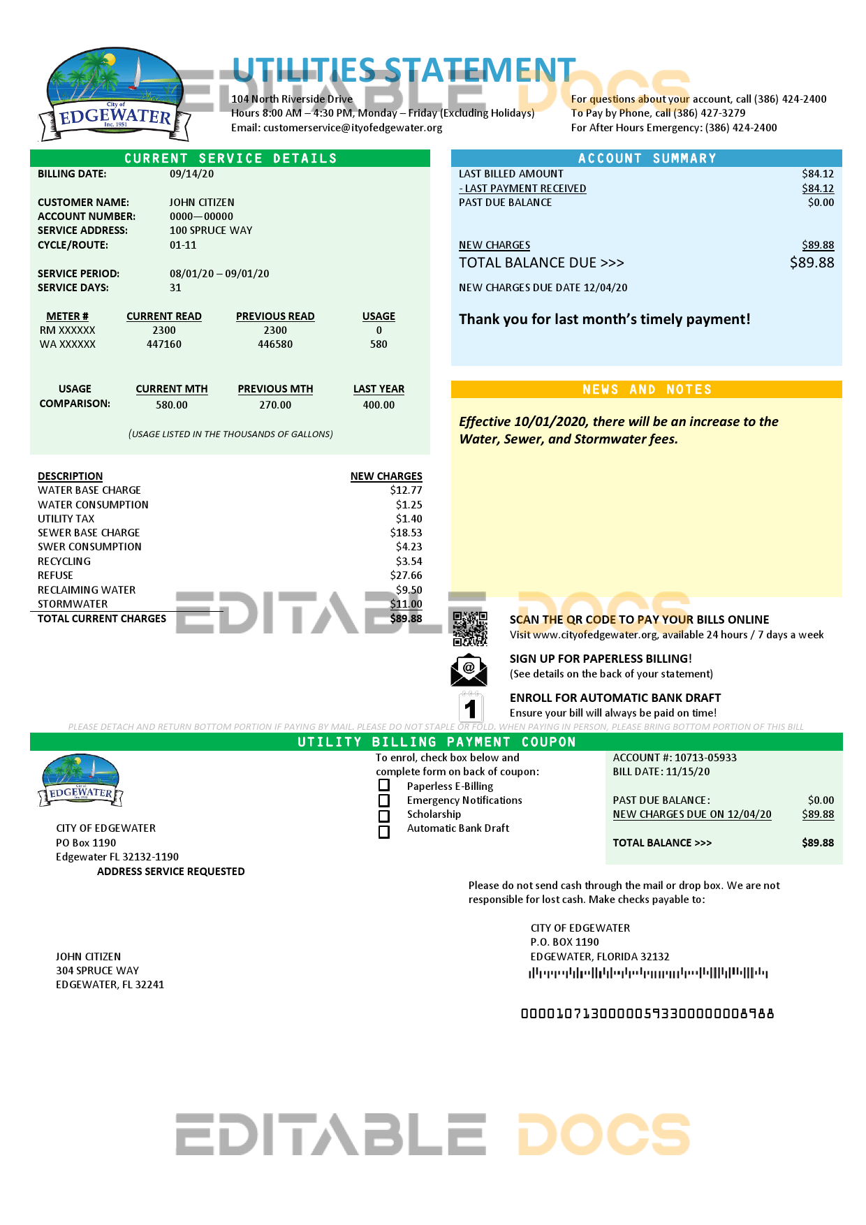 USA Florida City of Edgewater utility bill template in Word and PDF format