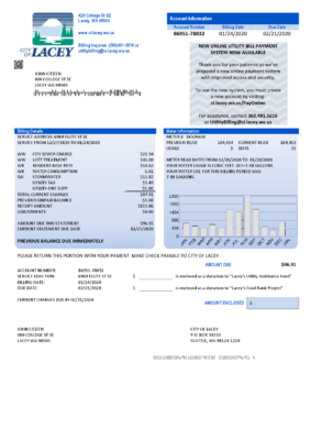 USA Washington City of Lacey water utility bill template in Word and PDF format (proof of address)