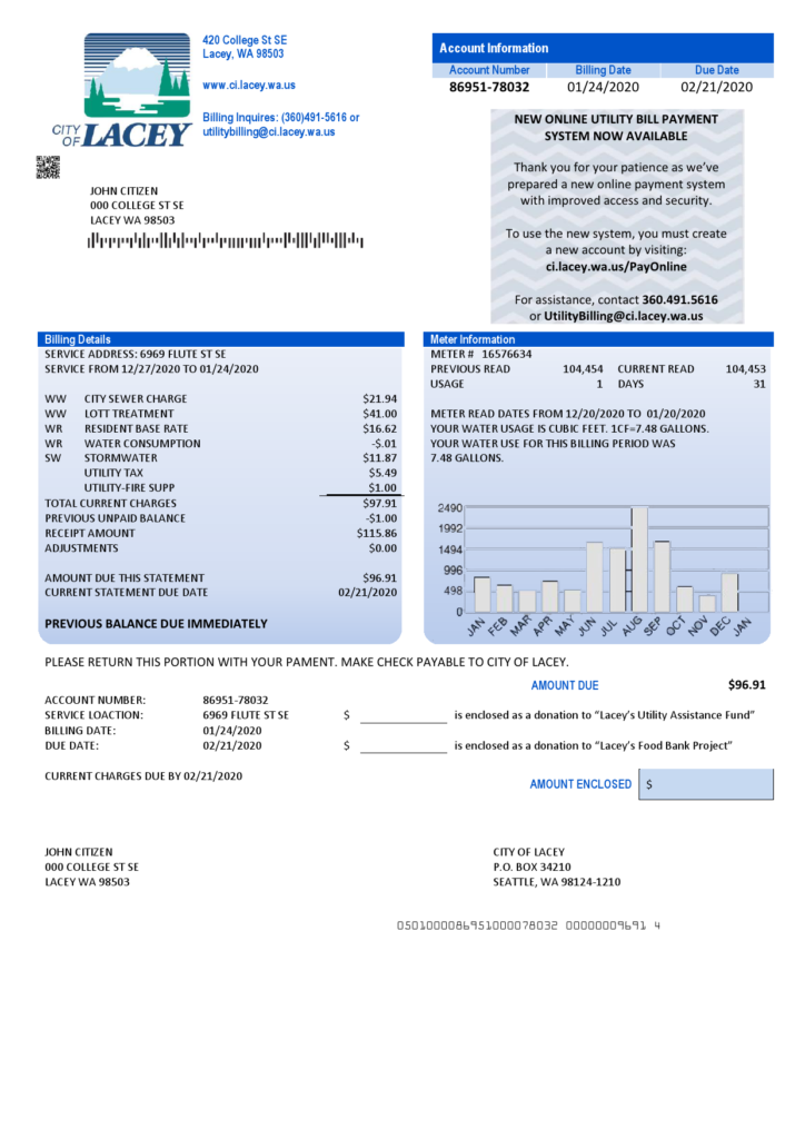 USA Washington City of Lacey water utility bill template in Word and PDF format (proof of address)