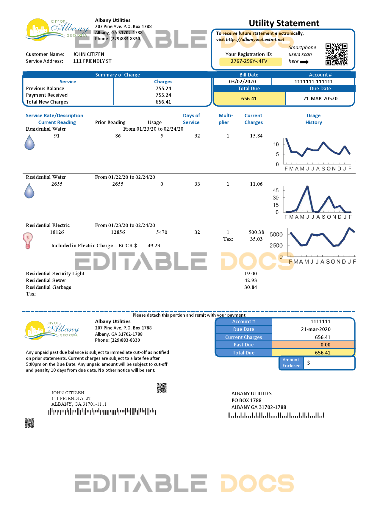 USA Georgia City of Albany water and electricity utility bill template in Word and PDF format