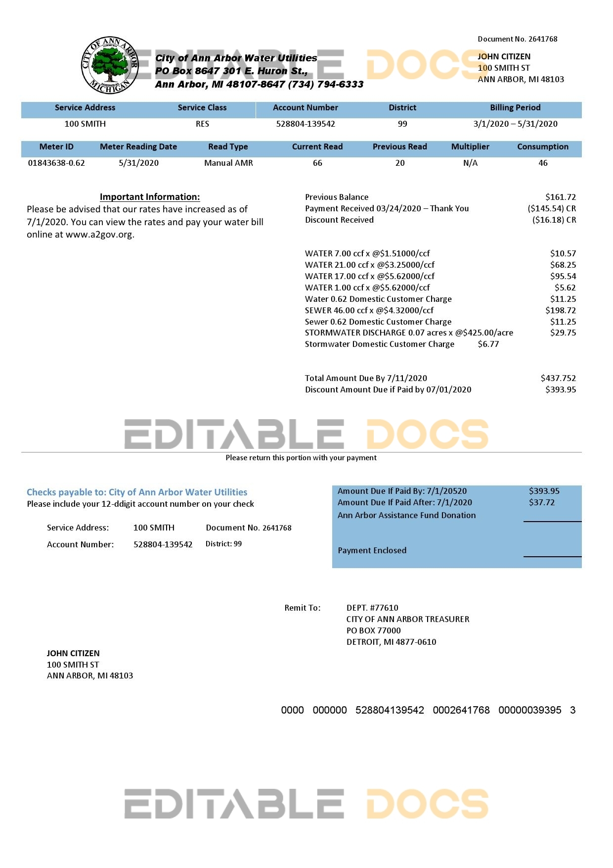 USA Michigan City of Ann Arbor Water Utilities bill template in Word and PDF format