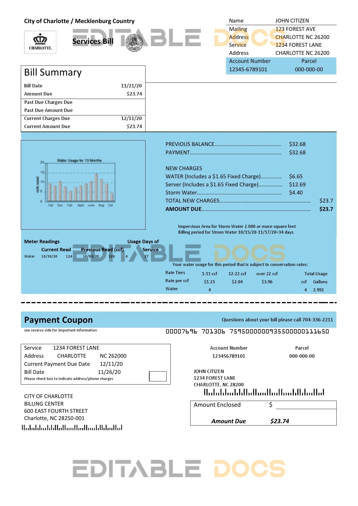 USA North Carolina City of Charlotte water utility bill template in Word and PDF format