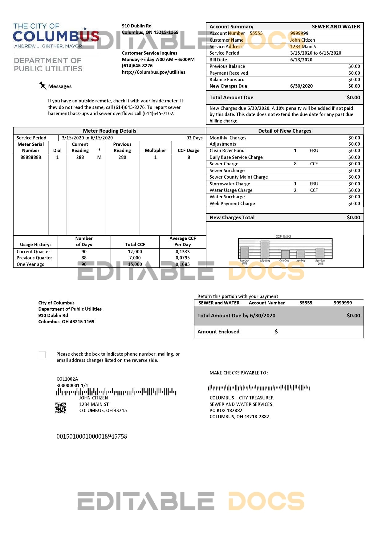 USA Ohio City of Columbus utility bill template in Word and PDF format