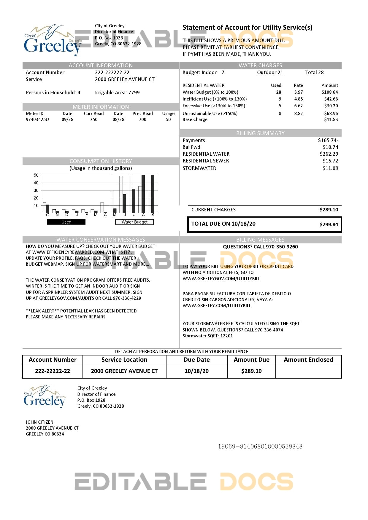 USA Colorado City of Greeley water utility bill template in Word and PDF format