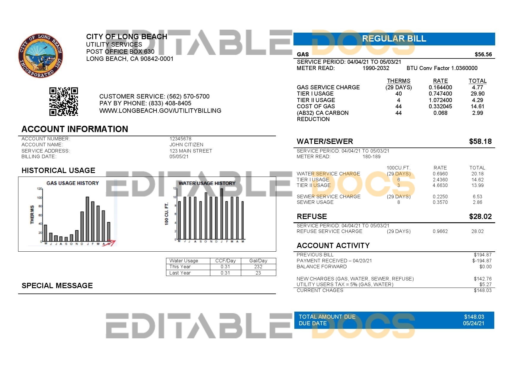 USA City of Long Beach utility bill template in Word and PDF format