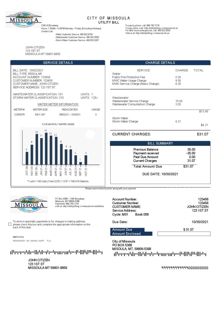 USA City of Missoula utility bill template in Word and PDF format