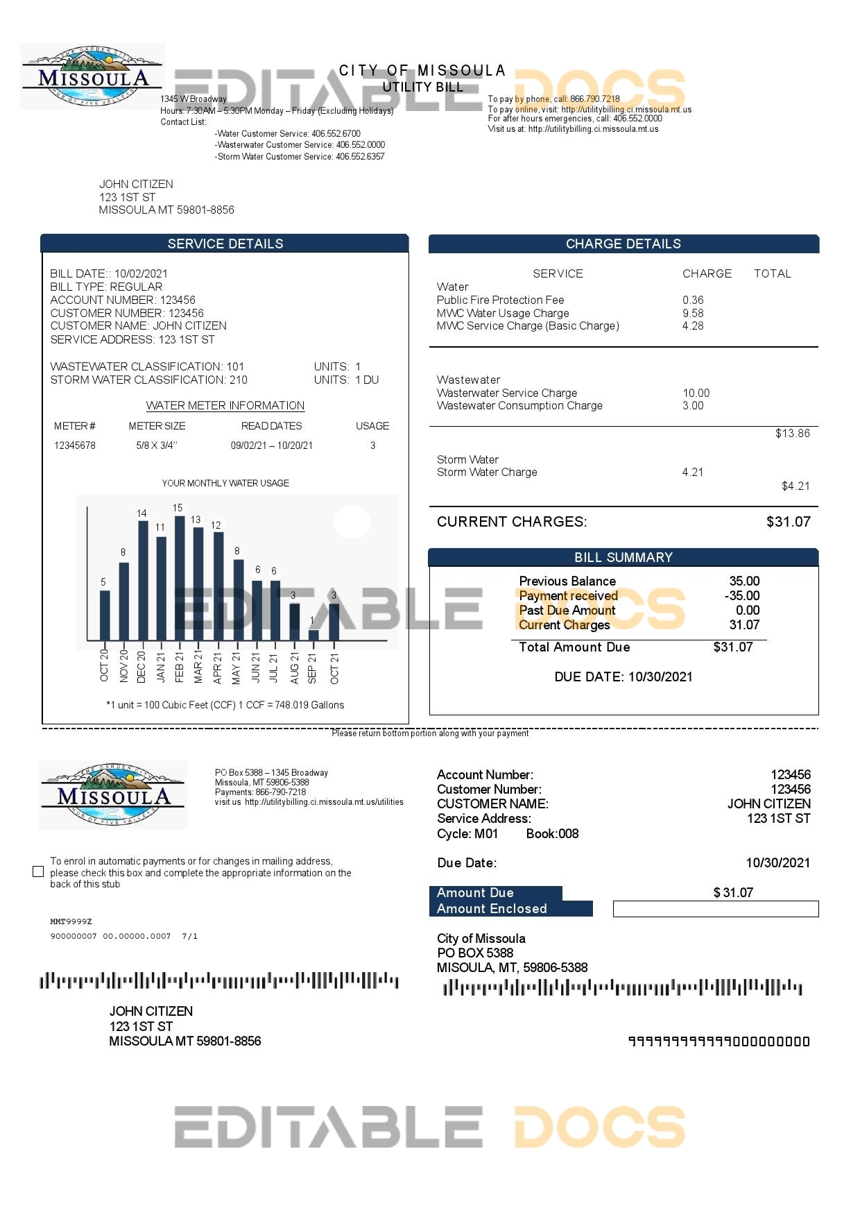 USA City of Missoula utility bill template in Word and PDF format