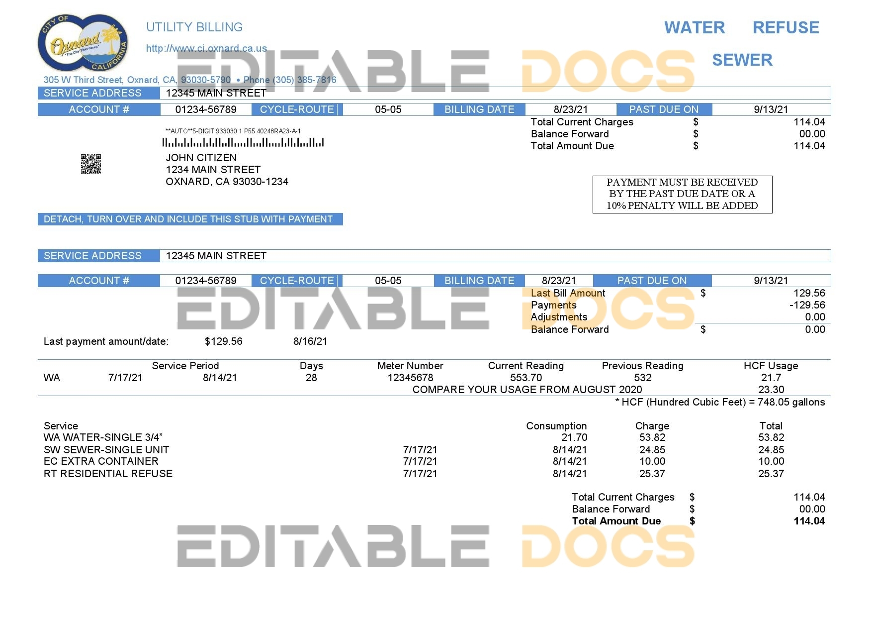 USA California City of Oxnard utility bill template in Word and PDF format