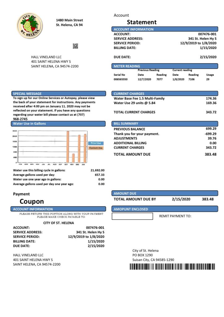 USA California City of St Helena utility bill template in Word and PDF format
