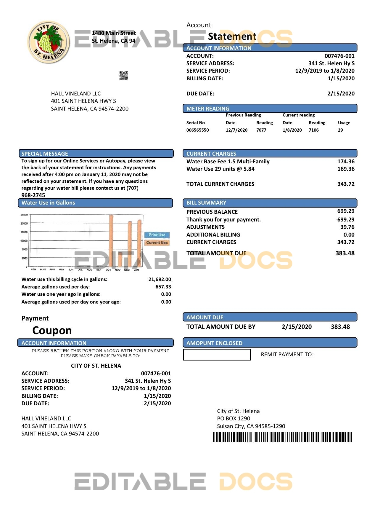 USA California City of St Helena utility bill template in Word and PDF format