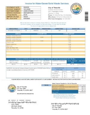 USA CITY OF TITUSVILLE FLORIDA UTILITY BILL TEMPLATE IN WORD AND PDF FORMAT (2 PAGES)