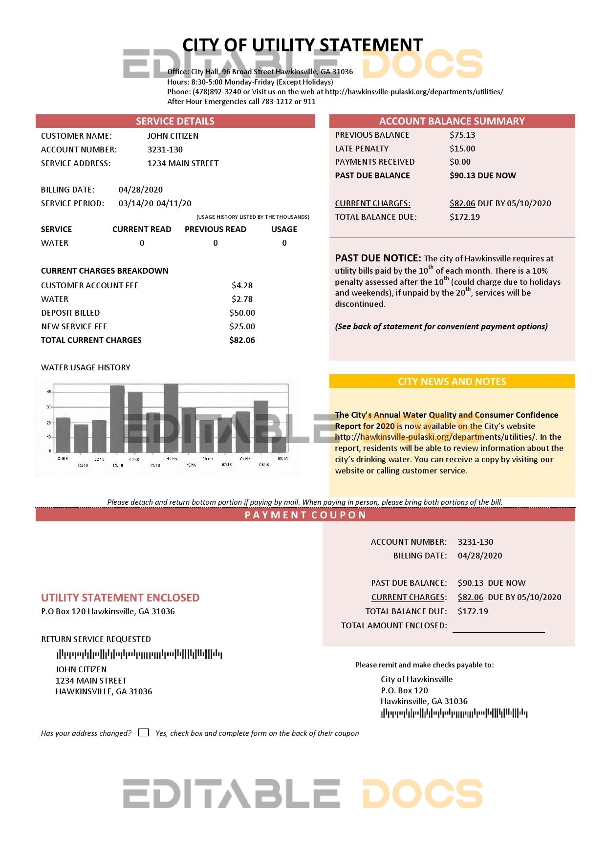 USA City of Utility Statement water utility bill template in Word and PDF format
