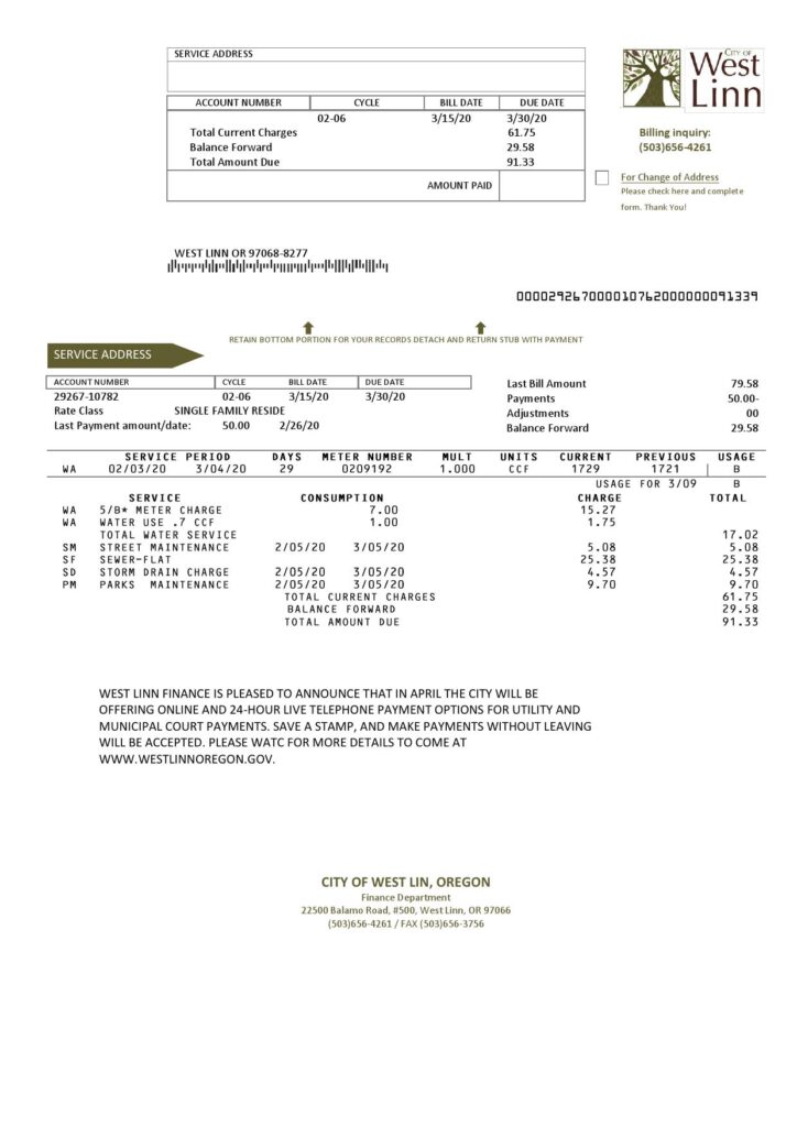 USA Oregon City of West Linn utility bill template in Word and PDF format