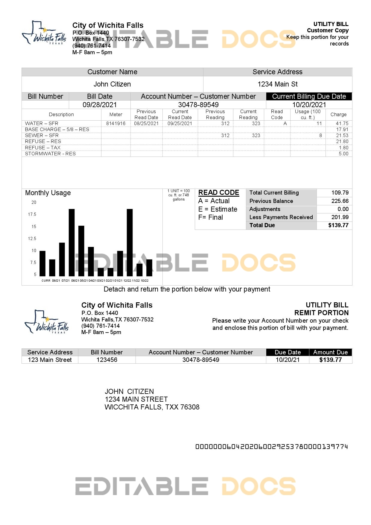 USA The City of Wichita Falls Utility bill template in Word and PDF format