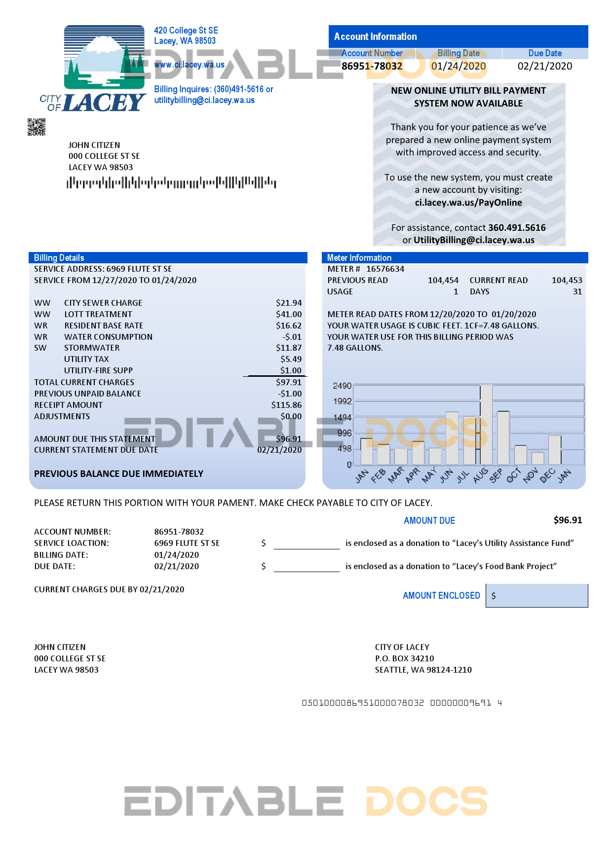 USA Washington City of Lacey water utility bill template in Word and PDF format (proof of address)