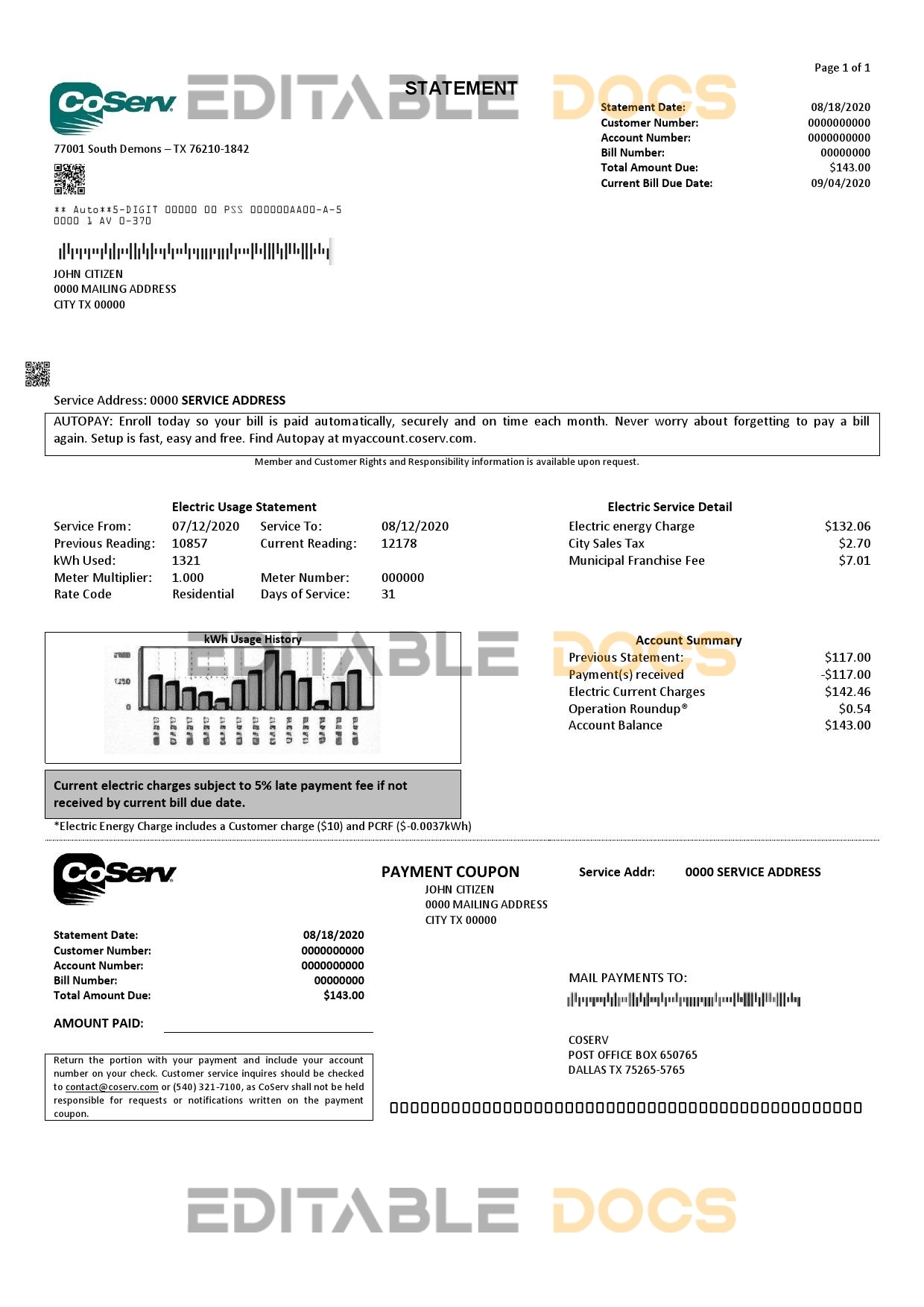USA Texas CoServ utility bill template in Word and PDF format