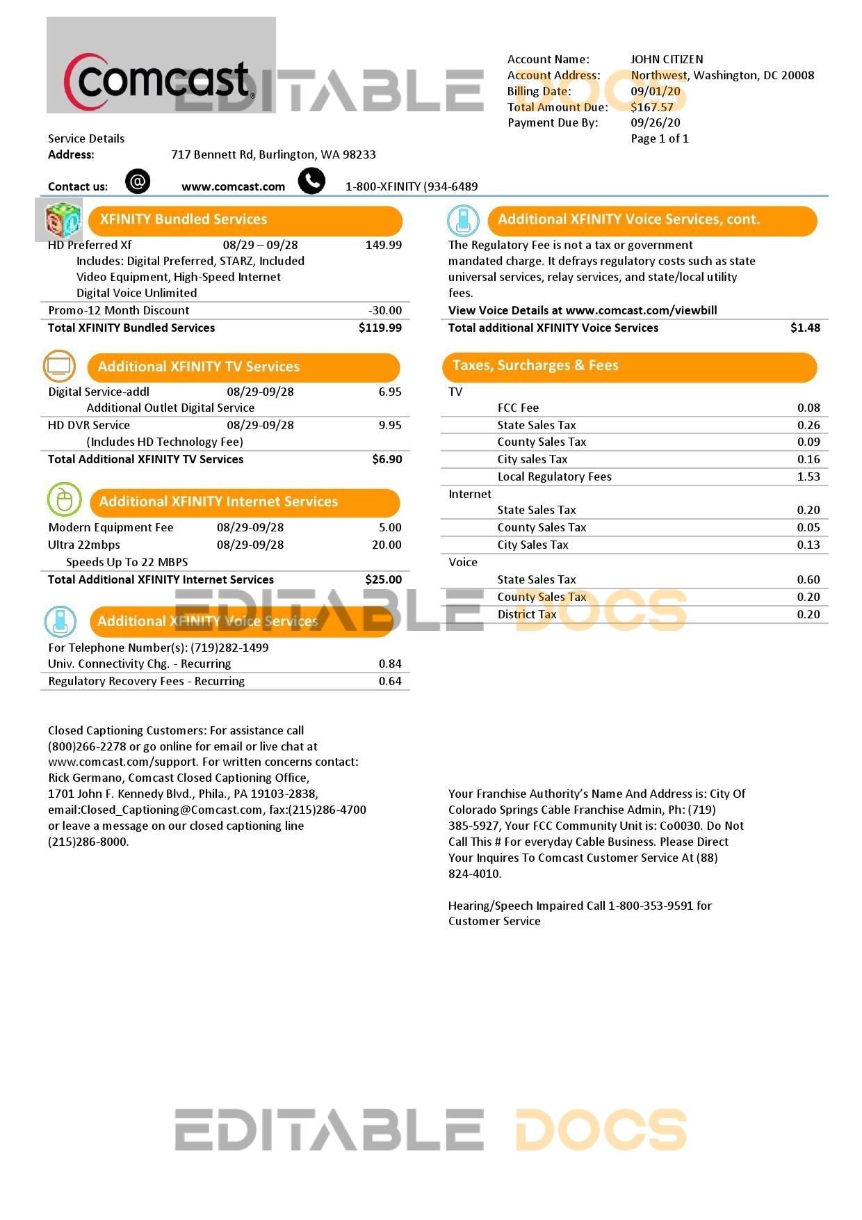 USA Utah Comcast utility bill template in Word and PDF format, version 2