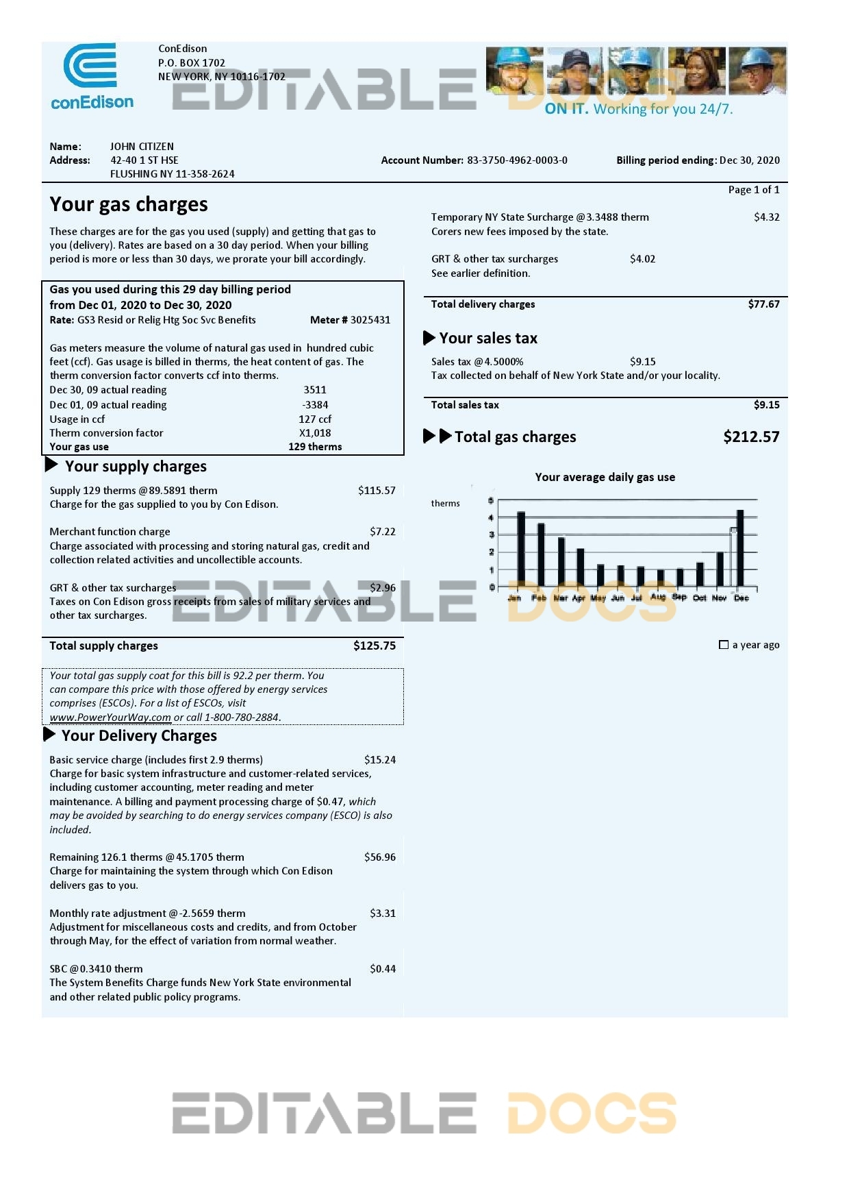 USA Con Edison gas utility bill template in Word and PDF format