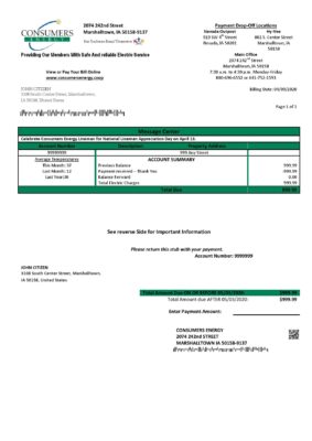 USA Consumers Energy utility bill template in Word and PDF format