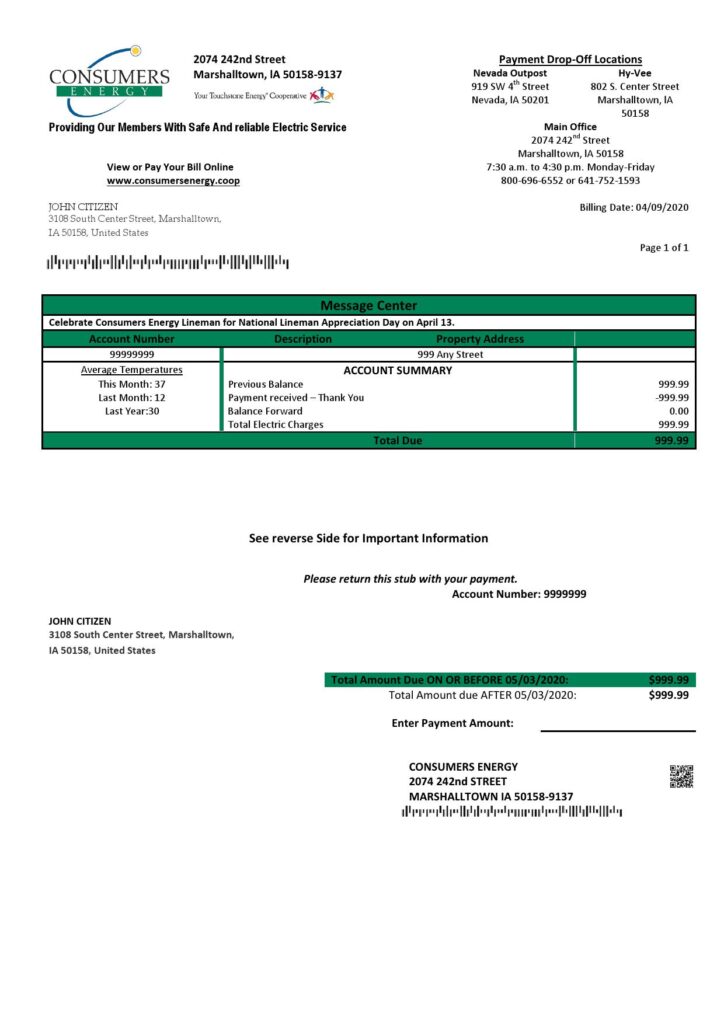 USA Consumers Energy utility bill template in Word and PDF format
