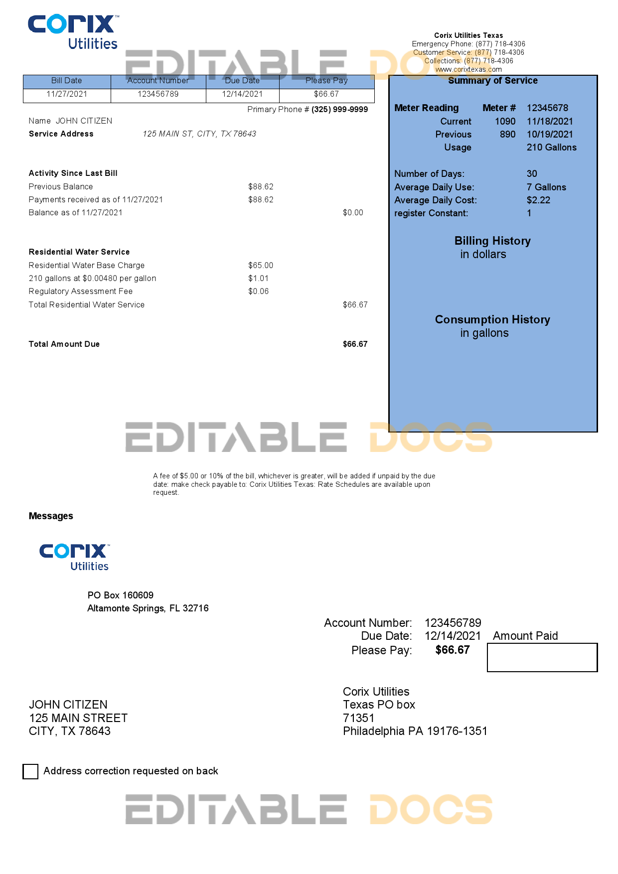 USA Corix Utilities bill template in Word and PDF format