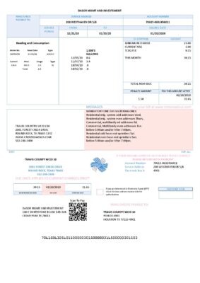 USA Texas Dasor Management and Investment utility bill template in Word nd PDF format