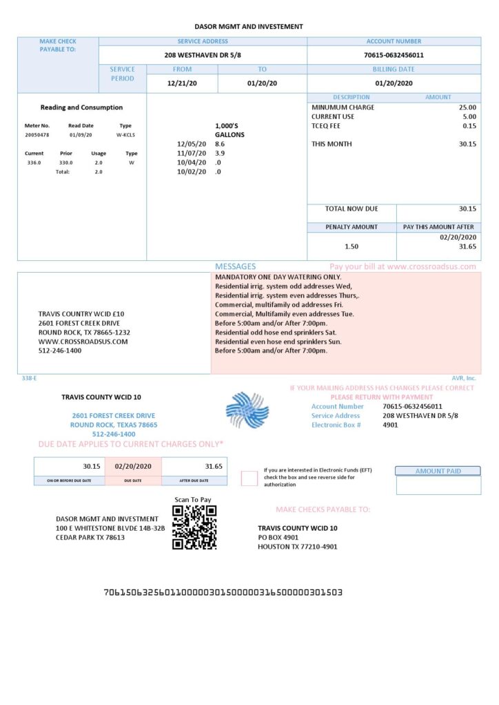 USA Texas Dasor Management and Investment utility bill template in Word nd PDF format