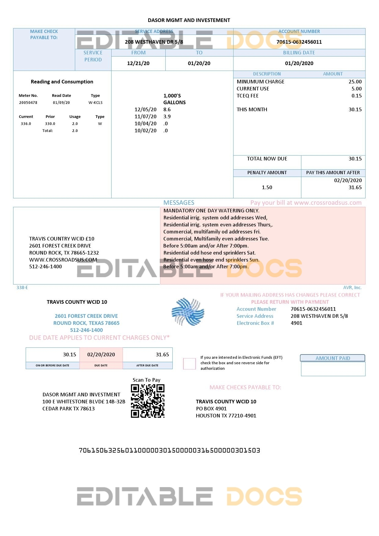 USA Texas Dasor Management and Investment utility bill template in Word nd PDF format